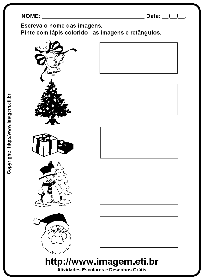 Atividade Para Imprimir de Escrever os Nomes dos Presentes e Enfeites de Natal