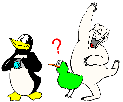 Urso e Pinguim Tirando Fotos Com Pássaro Verde