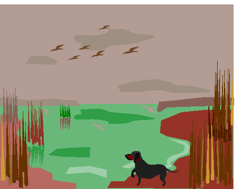 Clipart Paisagem. Cão, Patos, Lago