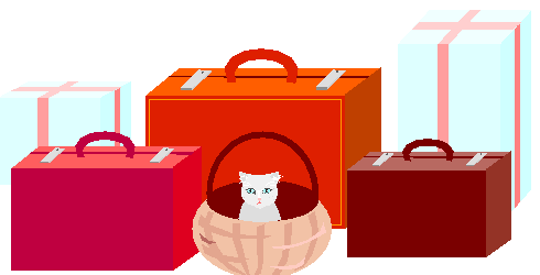 Clipart Malas Para Viagem e Gatinho Dentro de Cesta