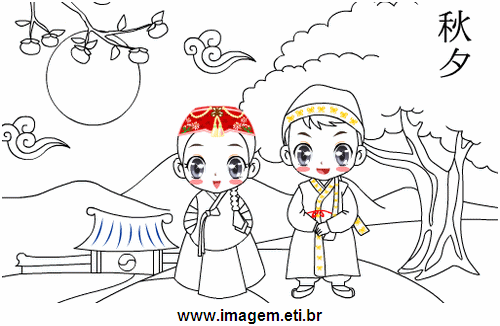 Jogo de Pintar Casal Oriental. Passatempo Online de Colorir.